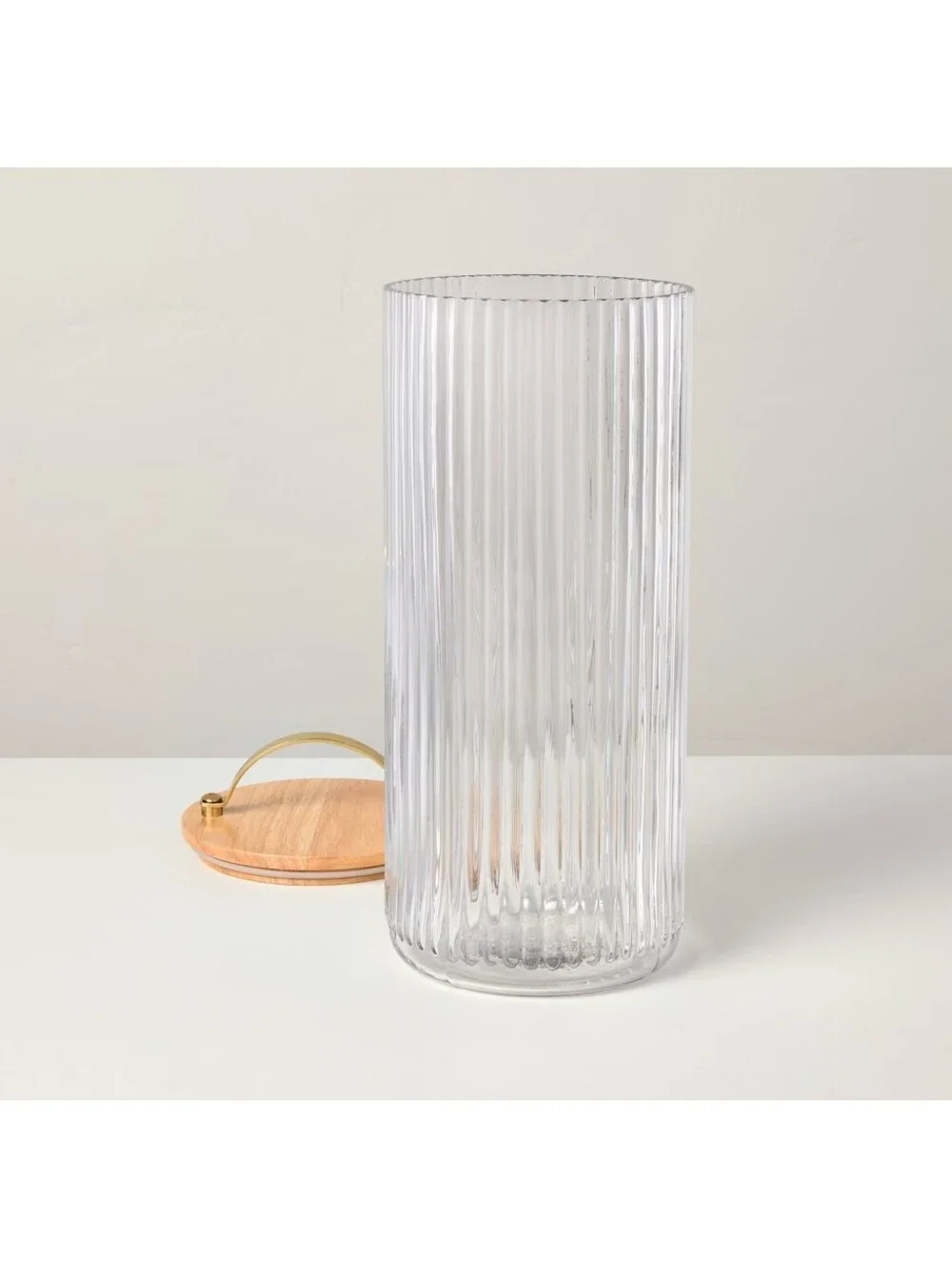 Hearth & Hand NWT 80oz Fluted Glass Storage Jar With Wood Lid And Brass Handle